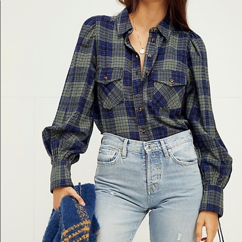 Free People Sun City Plaid Top Puff Sleeves Sz S
